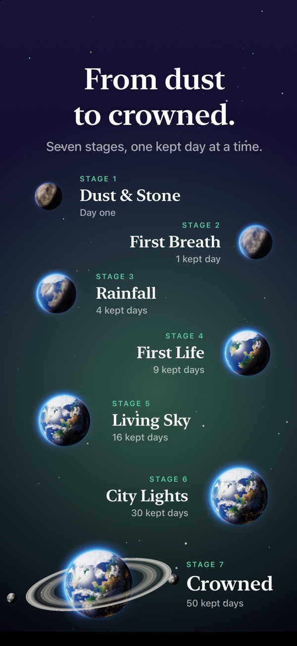The seven stages of a world, from Dust and Stone to Crowned